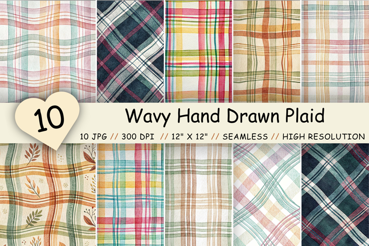 Wavy Hand Drawn Plaid Digital Paper, Seamless Watercolor