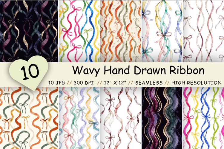 Wavy Hand Drawn Ribbon Digital Paper, Seamless Watercolor
