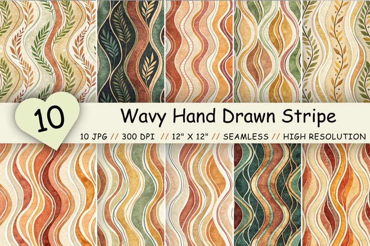 Wavy Hand Drawn Stripe Digital Paper, Seamless Earthy Boho