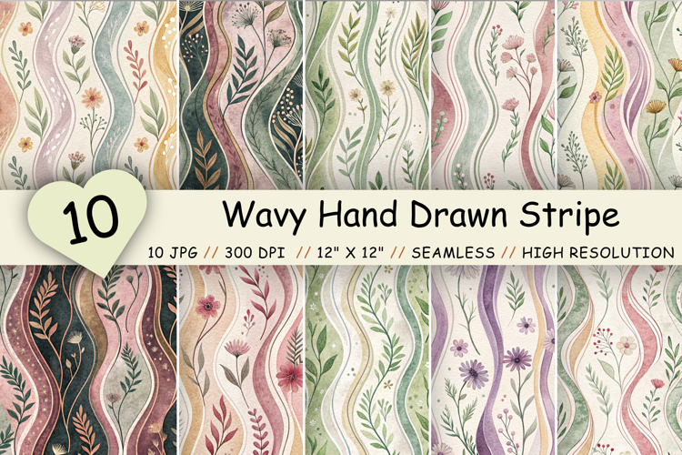 Wavy Hand Drawn Stripe Pattern Bundle, Seamless Pastel