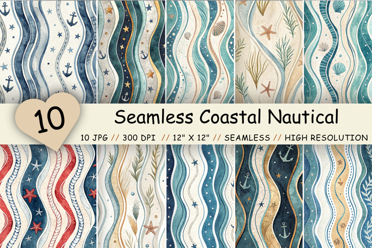 Seamless Coastal Nautical Pattern Bundle, Navy Blue Ocean