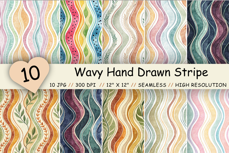 Wavy Hand Drawn Stripe Digital Paper, Seamless Watercolor