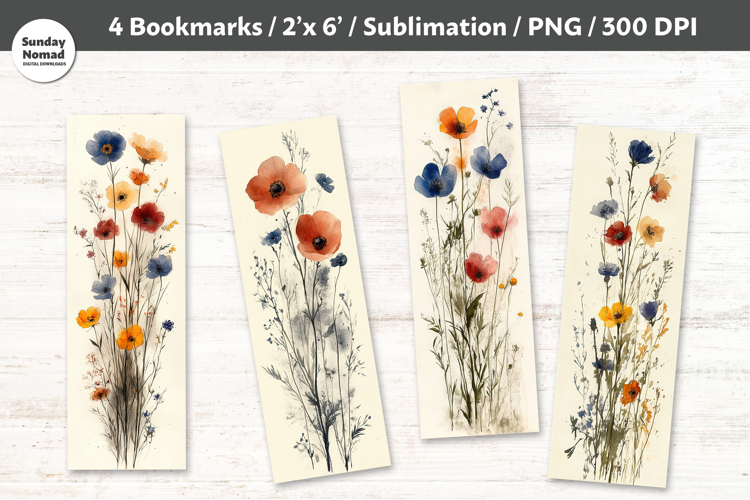 Watercolor Wildflower Bookmarks , Printable Crafts, 4 PNG