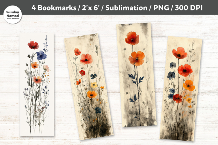 Watercolor Wildflower Bookmarks , Printable Crafts, 4 PNG