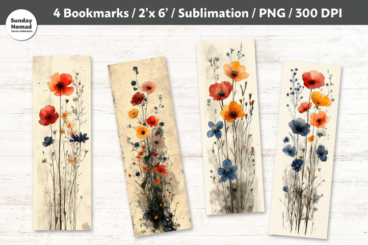 Watercolor Wildflower Bookmarks , Printable Crafts, 4 PNG