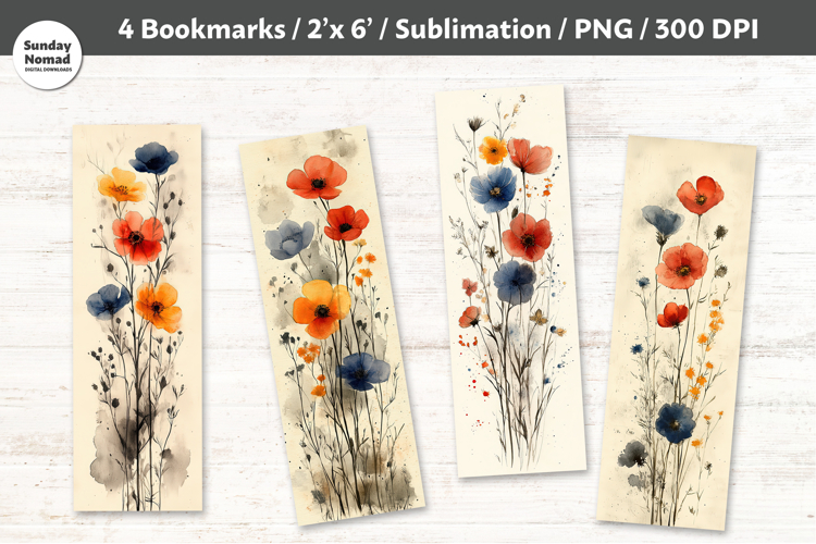 Watercolor Wildflower Bookmarks , Printable Crafts, 4 PNG
