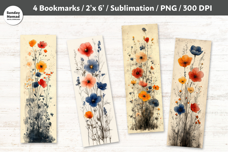 Watercolor Wildflower Bookmarks , Printable Crafts, 4 PNG