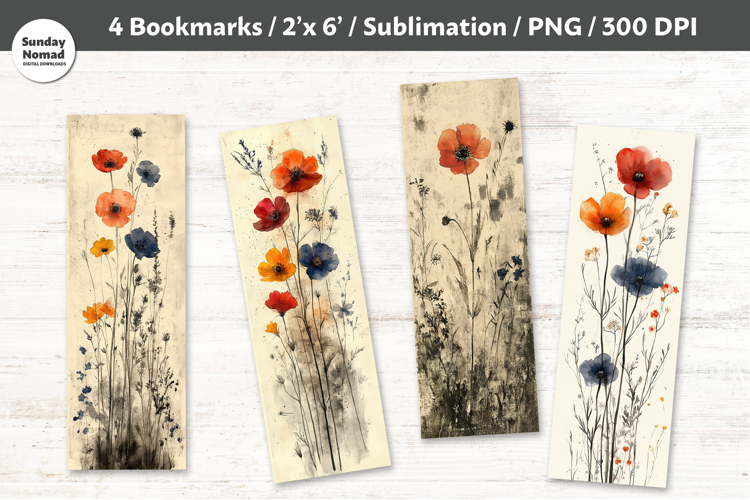 Watercolor Wildflower Bookmarks , Printable Crafts, 4 PNG