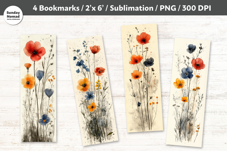 Watercolor Wildflower Bookmarks , Printable Crafts, 4 PNG