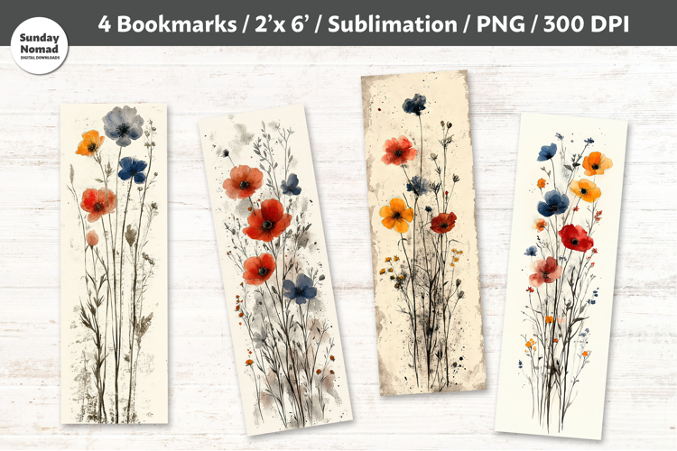 Watercolor Wildflower Bookmarks , Printable Crafts, 4 PNG