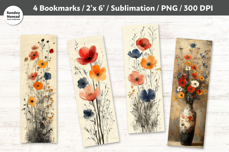 Watercolor Wildflower Bookmarks , Printable Crafts, 4 PNG