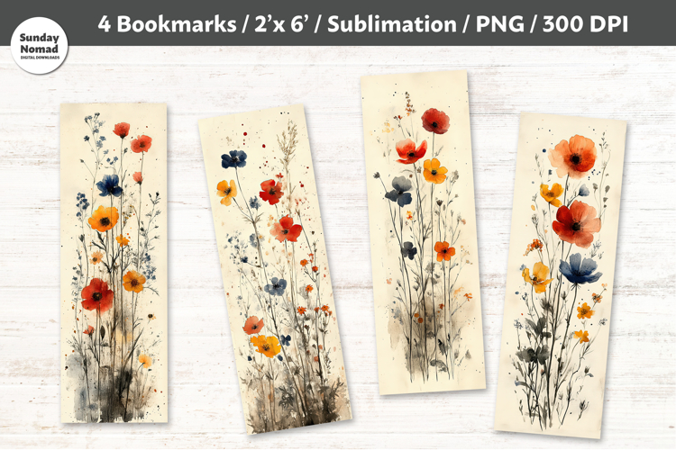 Watercolor Wildflower Bookmarks , Printable Crafts, 4 PNG