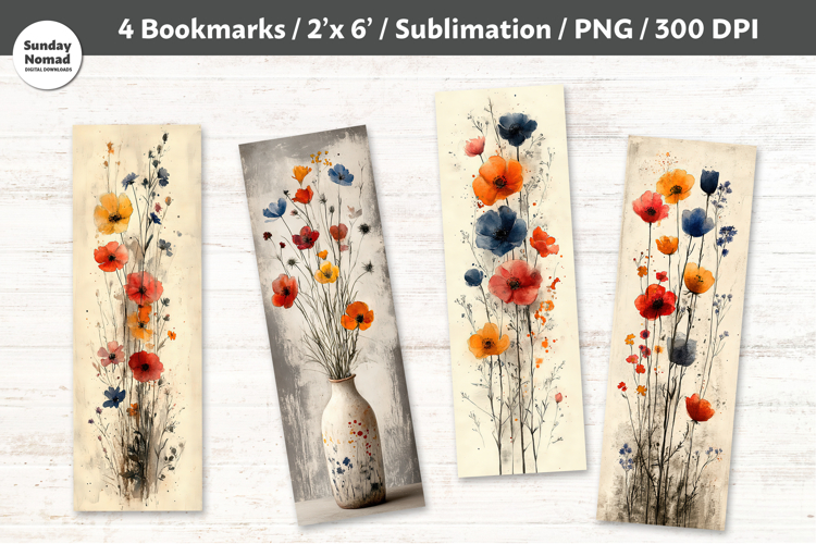 Watercolor Wildflower Bookmarks , Printable Crafts, 4 PNG