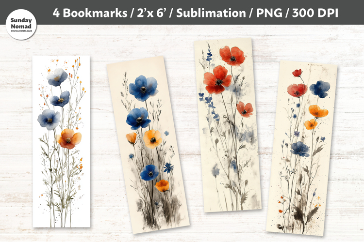 Watercolor Wildflower Bookmarks , Printable Crafts, 4 PNG
