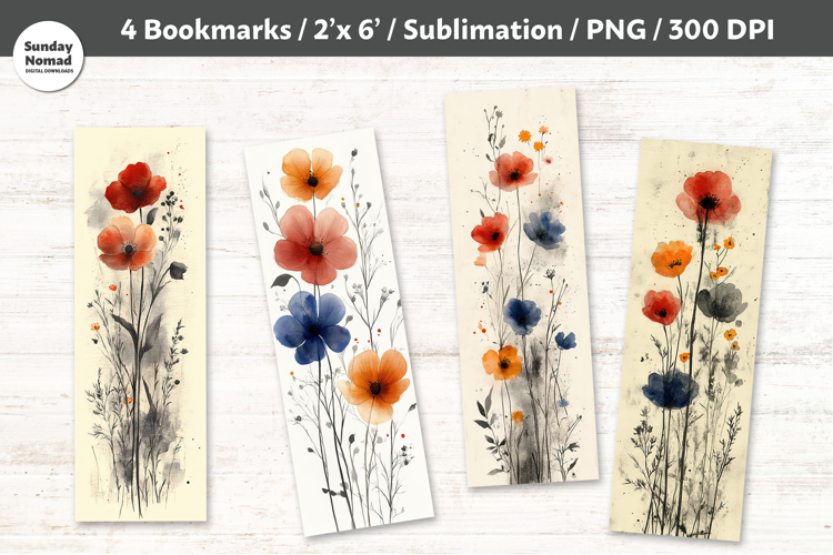 Watercolor Wildflower Bookmarks , Printable Crafts, 4 PNG