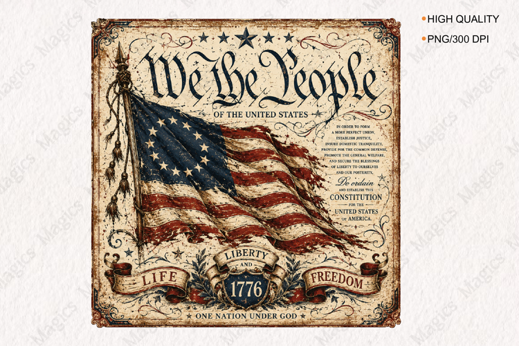 We The People American Flag Vintage Constitution Sign PNG