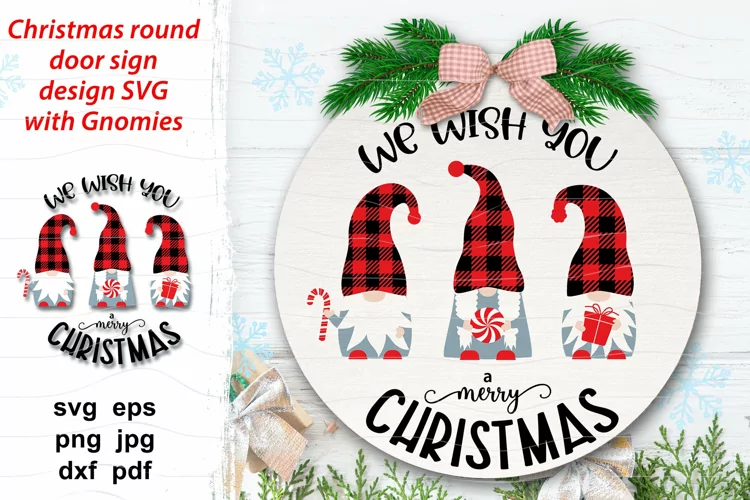 Merry Christmas round sign svg door hanger with Gnomes svg