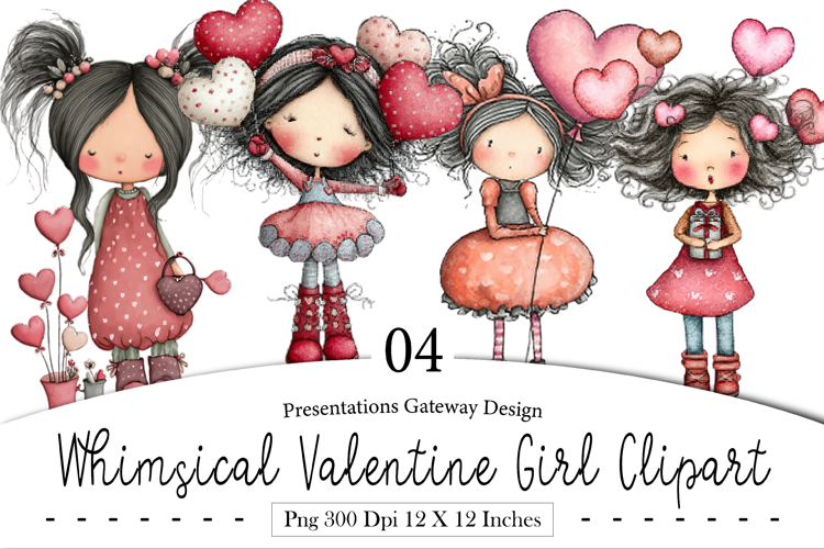 Whimsical Valentine girl Png Clipart