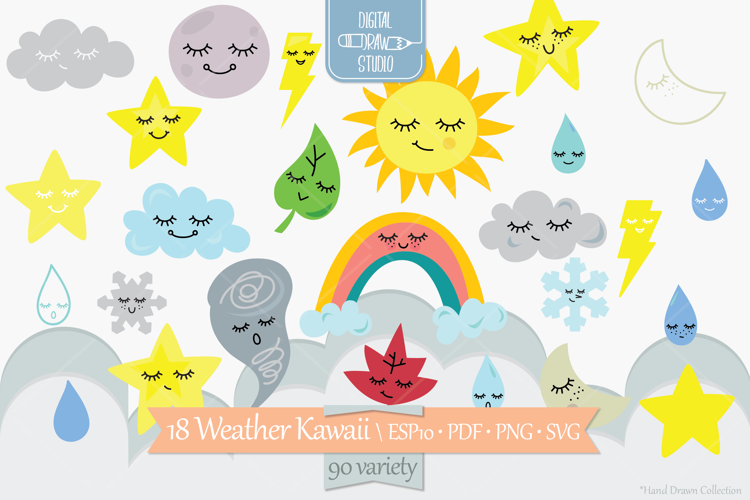 Color Weather Kawaii | Star, Moon, Sun, Cloud, Rainbow