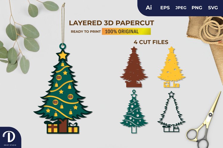 3D Papercut Christmas Tree Layered Template example image 1