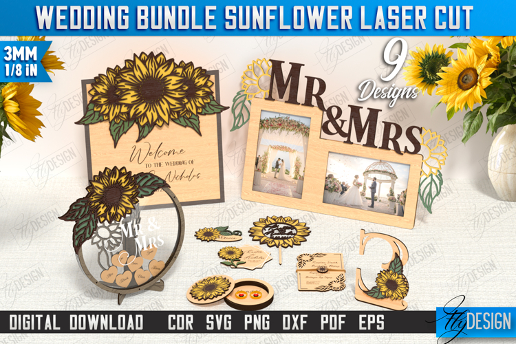 Wedding Sunflower Decor Bundle Laser Cut, Wedding Accesories