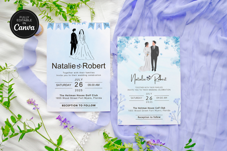 Printable Navy Blue Wedding Invitation Canva Templates