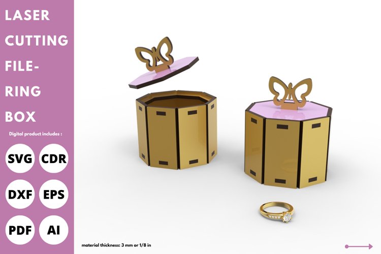 wedding octagon ring box with butterfly lid - svg laser cut