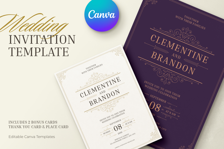 Royal Plum Wedding Invitation Canva Template