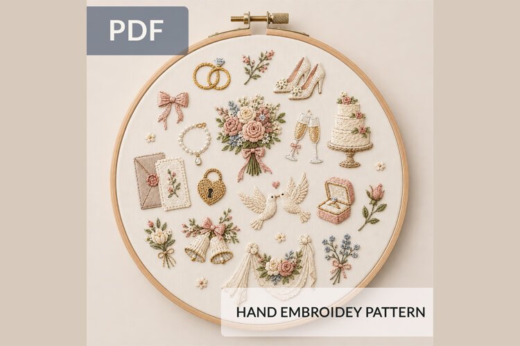 Wedding Embroidery Pattern PDF Romantic Bridal Icons Floral example image 1