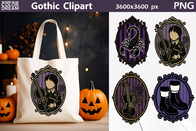 Gothic Girl Halloween Clipart | Purple and Black Halloween F