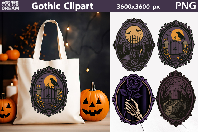 Gothic Halloween Clipart | Vintage Crow Rose Frame