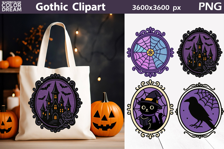 Gothic Halloween Clipart | Haunted Castle & Black Cat