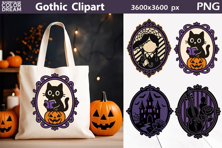 Gothic Girl Halloween Clipart | Haunted Castle & Black Cat