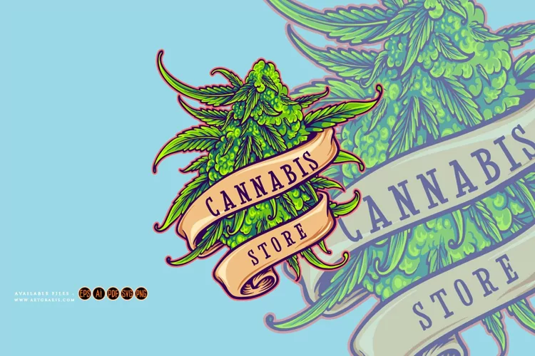 Weed plant store logo with vintage ribbon swirl illustration