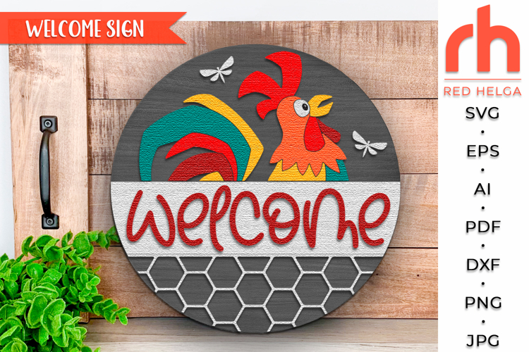 Rooster Door Sign SVG, Layered Farmhouse Hanger Cut File