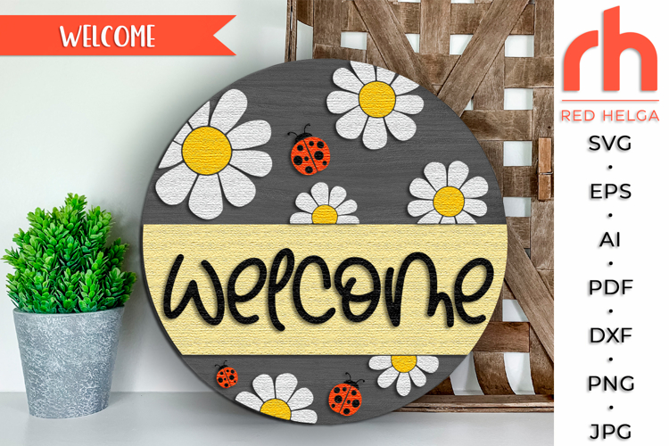 Daisy Welcome Door Sign SVG, Ladybug Spring Hanger Cut File