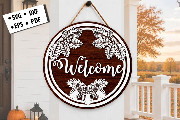 Welcome Acorn Leaves Fall Round Door Hanger SVG Design Art