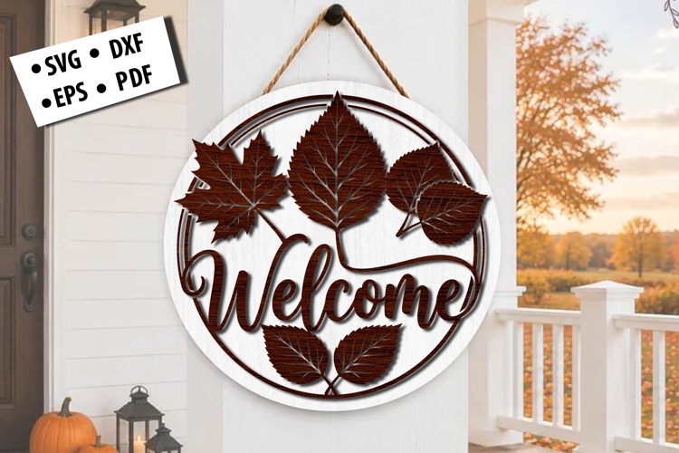 Welcome Autumn Leaves Round Door Hanger SVG Laser File Art