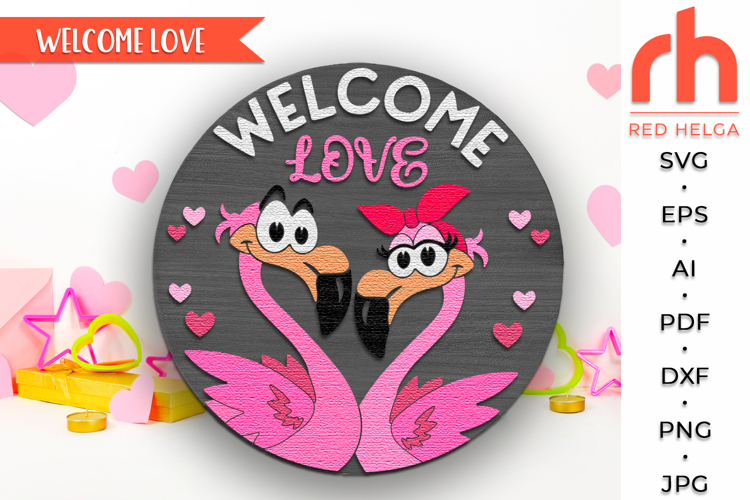 Valentines Day Flamingo Door Sign SVG, February Hanger DXF