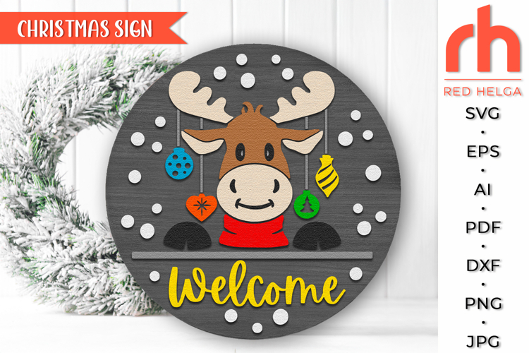 Xmas Deer Door Sign SVG, Welcome Christmas Hanger Cut File