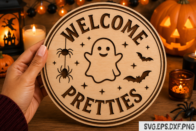 Welcome My Pretties SVG, Cute Ghost Halloween Round Sign