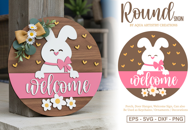 Welcome Easter Bunny Round Porch Sign Laser Cut SVG