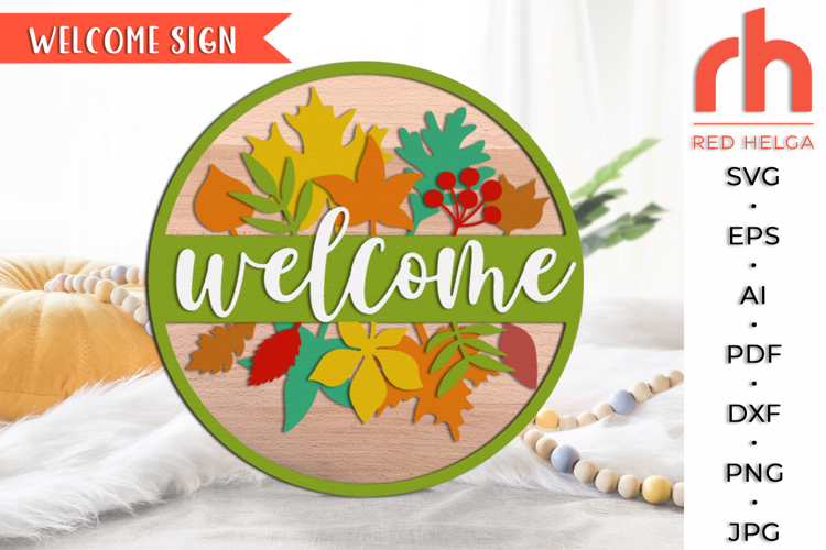Welcome Sign SVG, Leaves Door Sign DXF, Fall Hanger Cut File