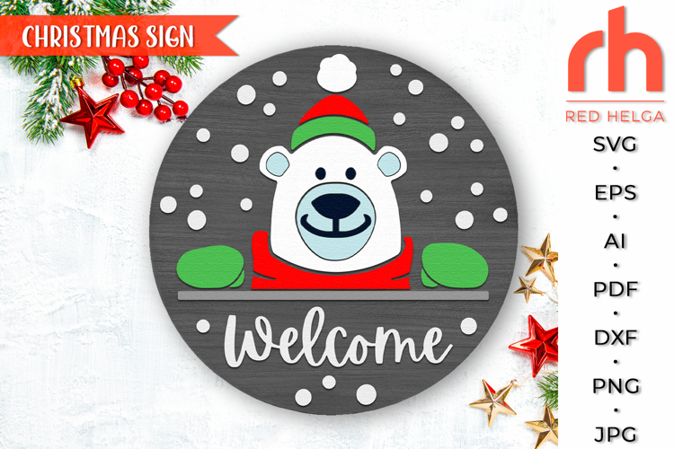 Polar Bear Door Sign SVG, Welcome Xmas Hanger Cut File