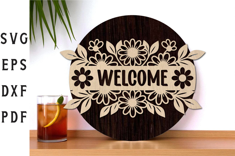 Welcome Sign Laser Cut, Round Door Hanger SVG