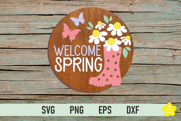 Welcome Spring Round Door Sign Laser Cut File with Rain Boot