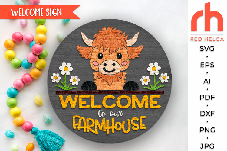 Farmhouse Door Sign SVG, Cute Baby Highland Cow Cut File