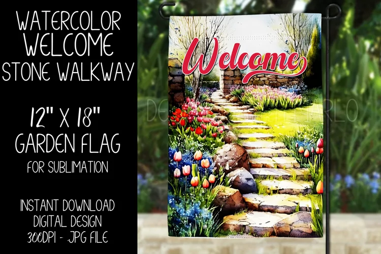 Welcome Garden Flag Sublimation Design, Spring Stone Walkway