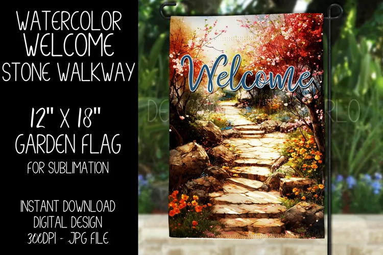 Welcome Garden Flag Sublimation Design, Spring Stone Walkway