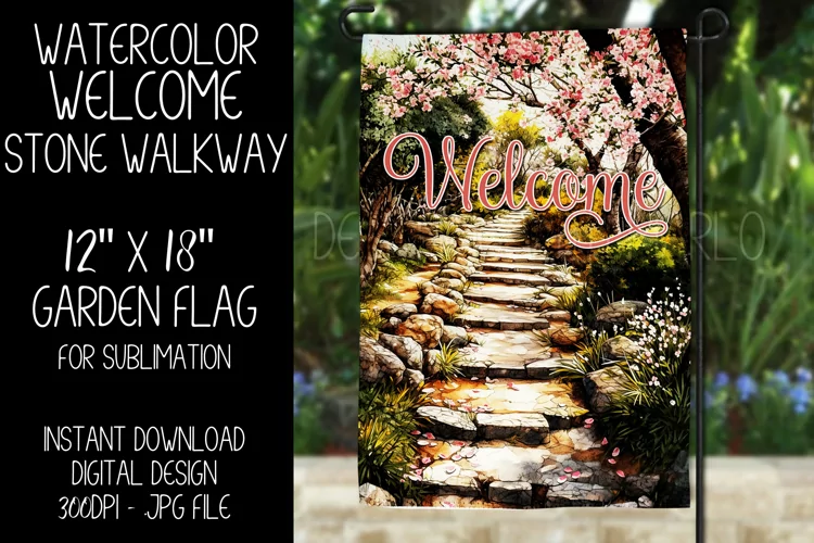 Welcome Garden Flag Sublimation Design, Spring Stone Walkway